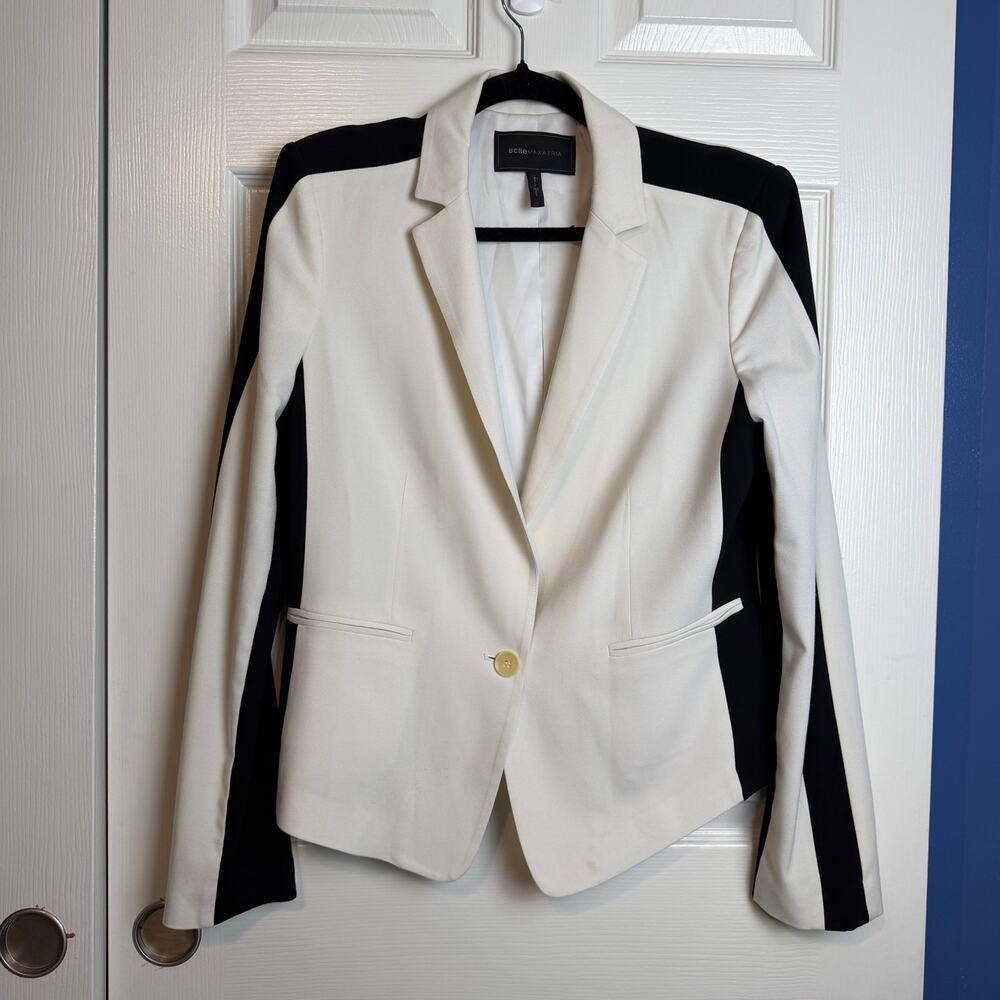 BCBGMAXAZRIA Women's L Black White Colorblock Blazer One Button Jacket
